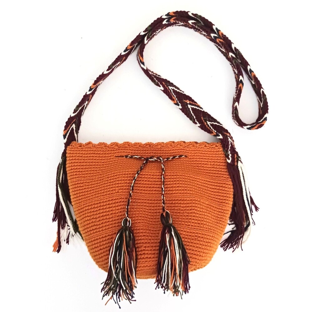 Wayuu Mochila Woven Small Crossbody Bag Dk Orange Burgundy Tassels